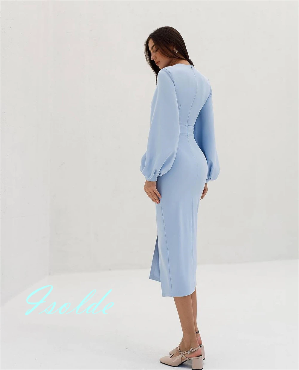 Robe de soirée en Jersey bleu moderne personnalisée, sans bretelles, manches longues, robes de célébrité, fermeture éclair au dos, robes de soirée