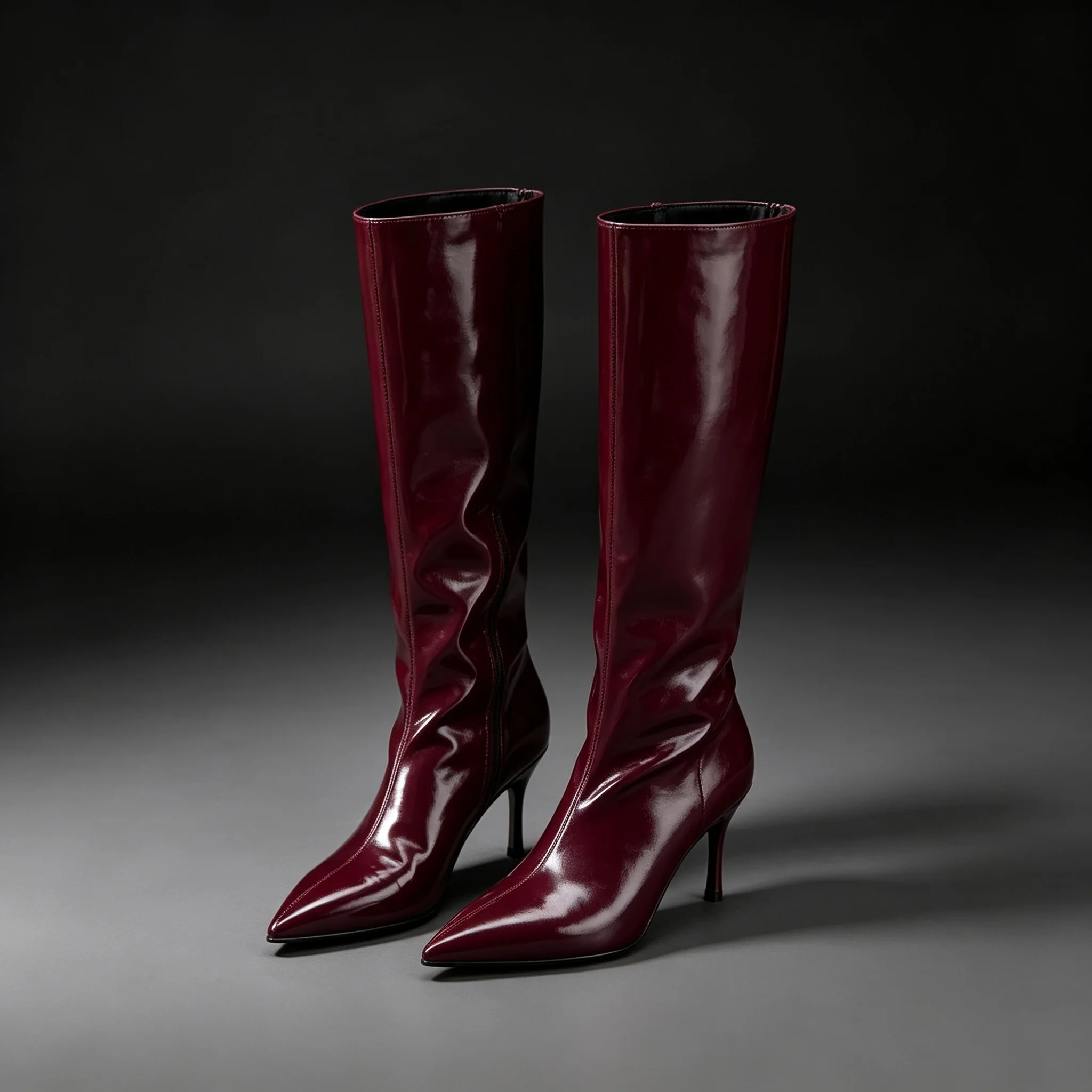 Burgundy Patent Leather High-Top Long Boots For Women Wine Red Pointed Toe Slip On Botas Largas De Mujer Kitten Low Heels Mature