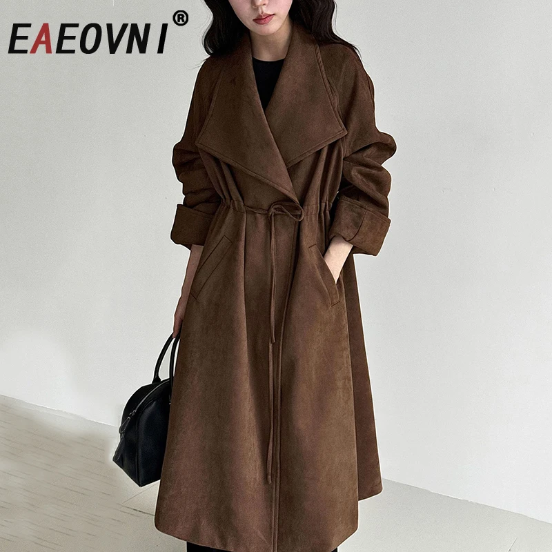 

EAEOVNI Maillard Style Autumn Winter New Long Trench Coat Women Fashion Lapel Belt Gathered Waist Office Lady Windbreaker