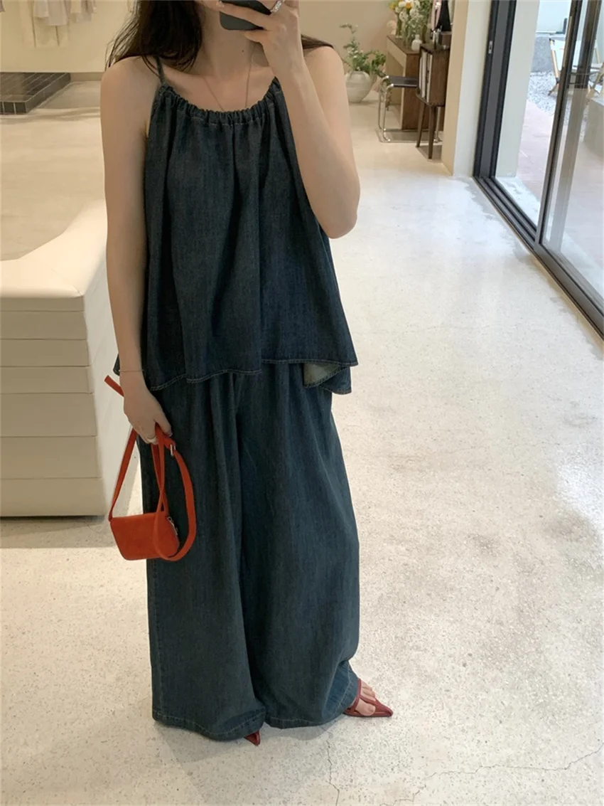 Alien Kitty Vacation Women Halter New Tank Tops Denim Chic Wide Leg Loose Summer Suit Sweet Casual Office Lady High Street Pants