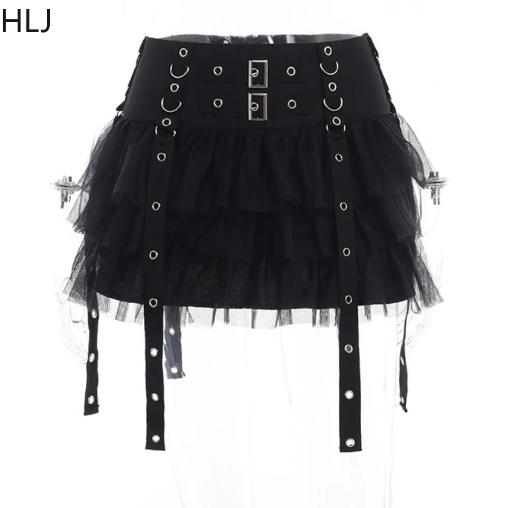 HLJ Black Y2K Punk Streetwear Women Mesh See Though Bodysuits And Stacked Mini Skirts Two Piece Sets Fashion Trend 2pcs Outfits