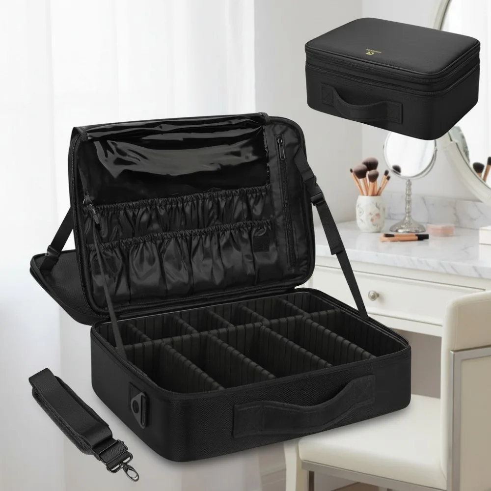 Large 3-Layer Makeup Case Cosmetic Organizer Brush Bag Train Box for Hair Tools and Cosmetics
