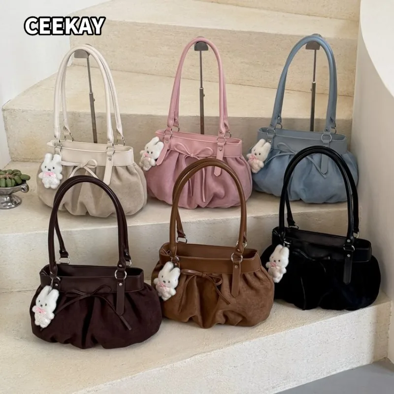 CEEKAY Women's Handbag Faux Suede Ruched Drawstring Detail Bunny Pendant Large Capacity Versatile Everyday Casual Chic Style