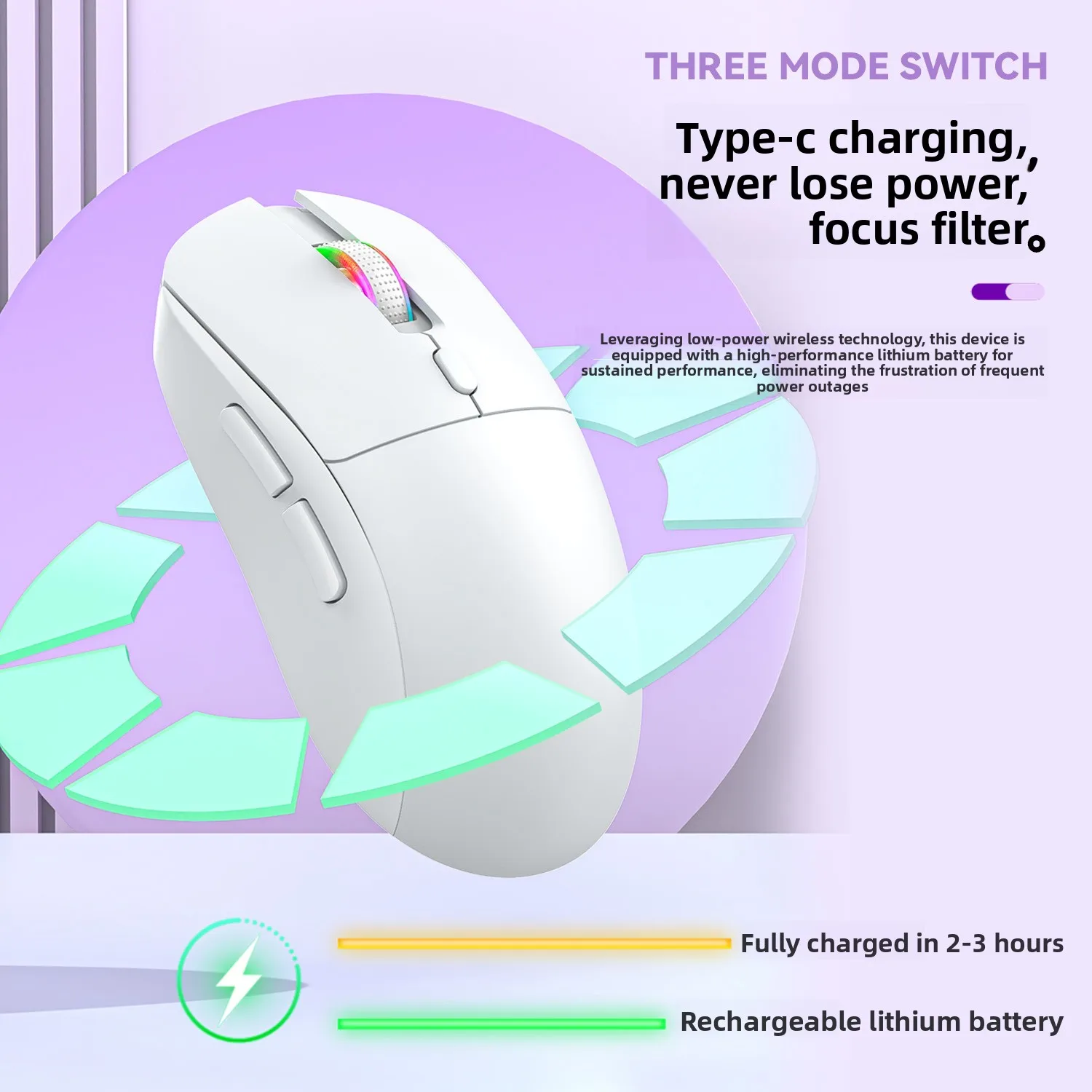 Tri-Mode Bluetooth Wireless Gaming Mouse - RGB Multi-Color Backlight, Macro Programmable, Lightweight for E-Sports