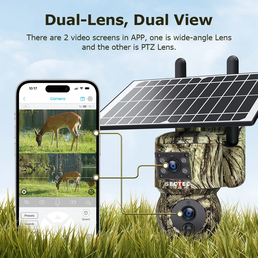 Sectec 4K 8MP Solar Camera 4G SIM/WIFI With GPS Location Camouflage Color Dual Lens Solar Battery PTZ Security Camera UBox APP