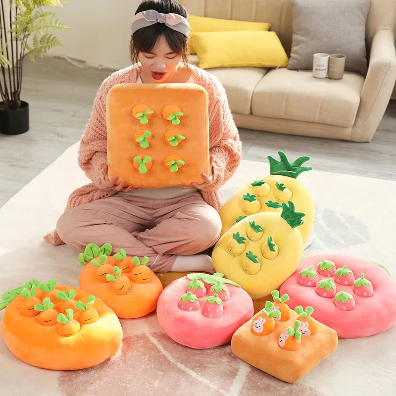 Cute Strawberry Field Plush Pillow Cushion,Carrot Puzzle Doll,Fruit Vegetable Dog Look for Food,Grinding Teeth Biting Mushrooms