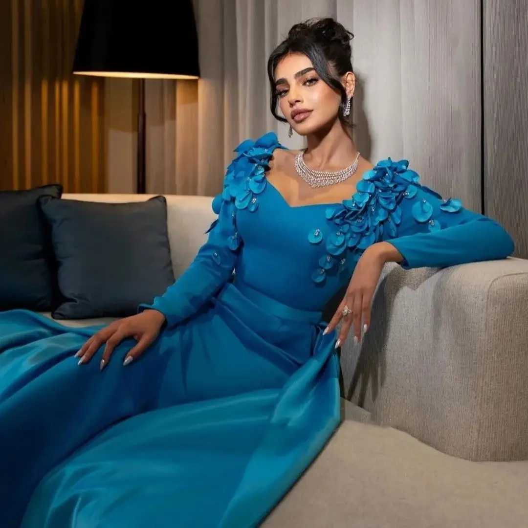 Blue Party Dress Saudi Women Prom Dresses 3d Flowers Evening Dresses Long Sleeves Off The Shoulder Sweep Length Wedding Dresses