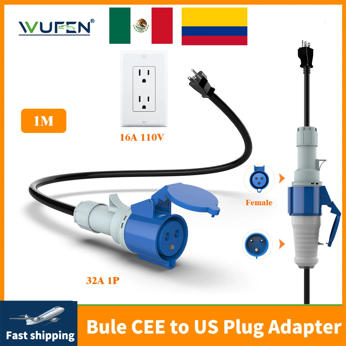 WUFEN EV Charger CEE Female Plug 3 Pins Bule CEE to US 5-15P Adapter Wall Socket Extend Cable Connect with 7KW 32A 1P Charger