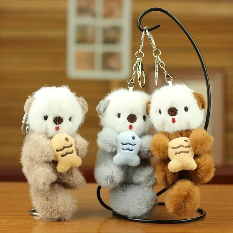 Cute Plush Otters Holding Fish Keychain Stylish Backpack Keyrings Lovely Animal School Bag Key Wallet Pendant Toy Student Gift