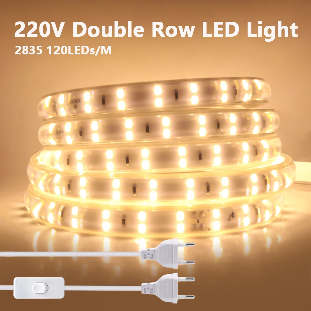 AC 220V Double Row LED Strip Light Switch 2835 120LEDs/m 5M 10M 20M 1M EU Power Kit High Bright Flexible Ribbon Room Lighting