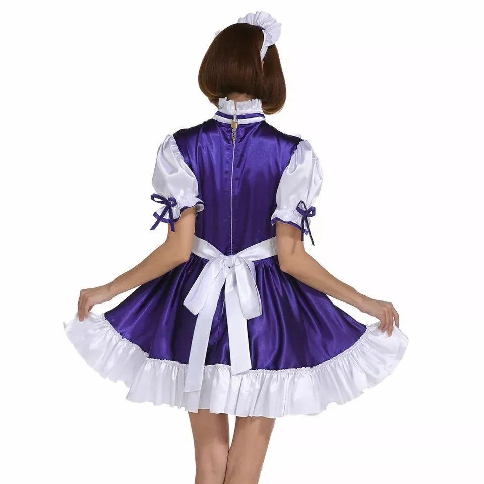 Sissy Girly girl purple satin dress maid Cosplay costume customization