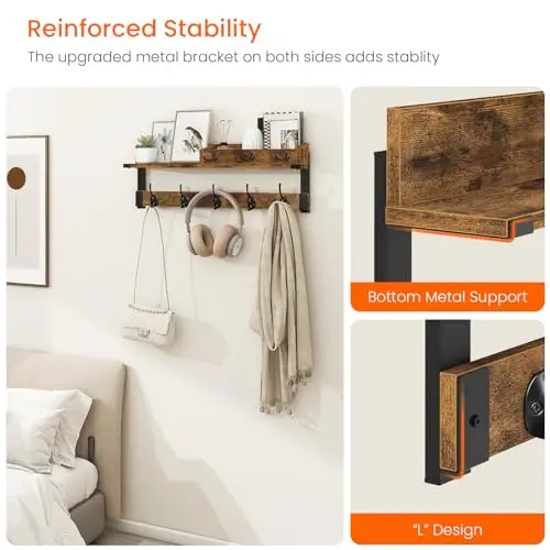 

Rustic Brown Wooden Wall Coat Rack With Shelf And Hooks 26 Inch Entryway Organizer For Hats Jackets Bags Keys