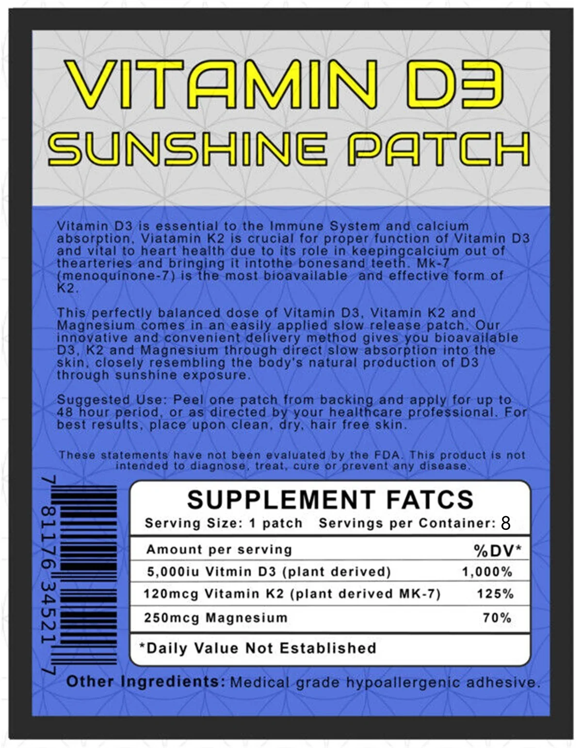 NEW! VITAMIN D3 / K2 5,000 iu SUNSHINE 8 PATCHES PLUS MAGNESIUM 2 MONTH SUPPLY