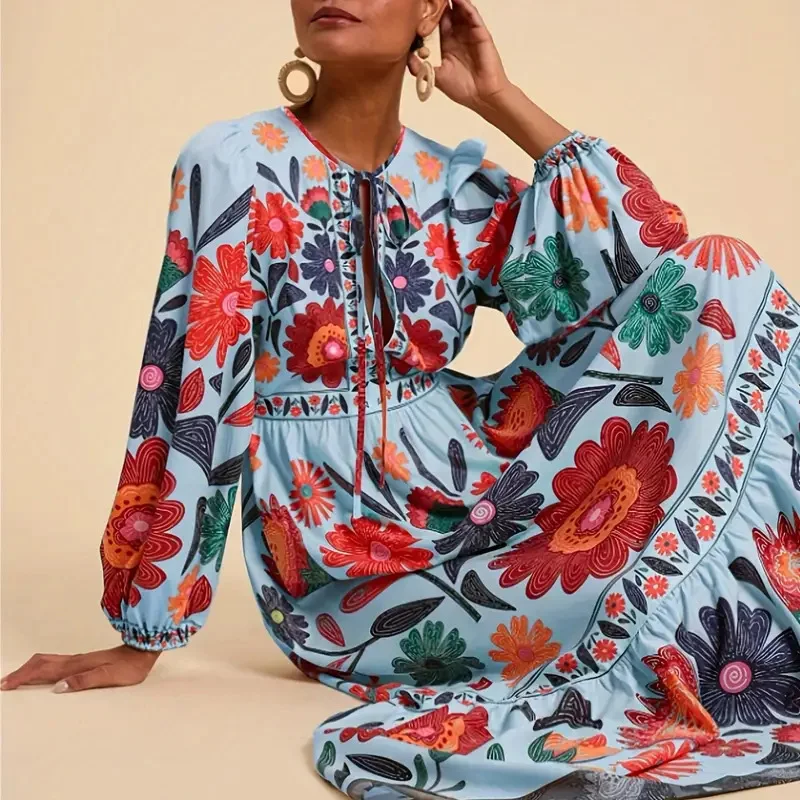 가을 O넥 레이스업 루즈핏 출퇴근룩 휴가 하이웨이스트 플리츠 로브 드레스 플라워 프린트 랜턴 슬리브 여성 원피스