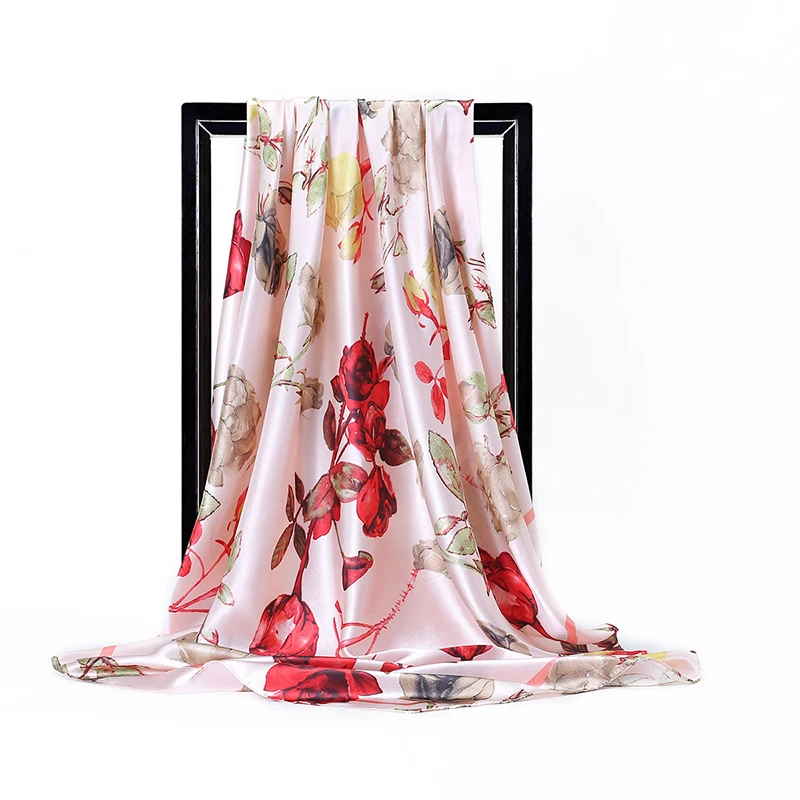 Spring New Flowers Print Satin Square Scarf for Women Muslim Hijab Silk Neckerchief Shawl Wraps Headband Foulard Bandana Turban view 6