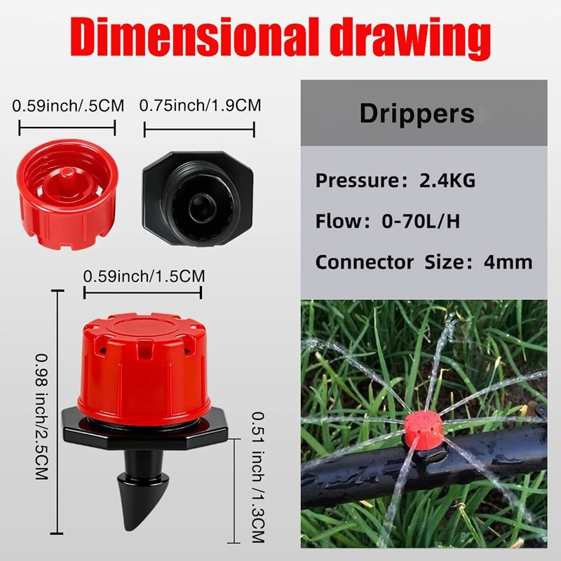 Adjustable Drip Emitters, 1/4 Inch Irrigation Sprinklers with 360° Spray - Red Micro Drippers for Garden, Potted Plants, Lawn