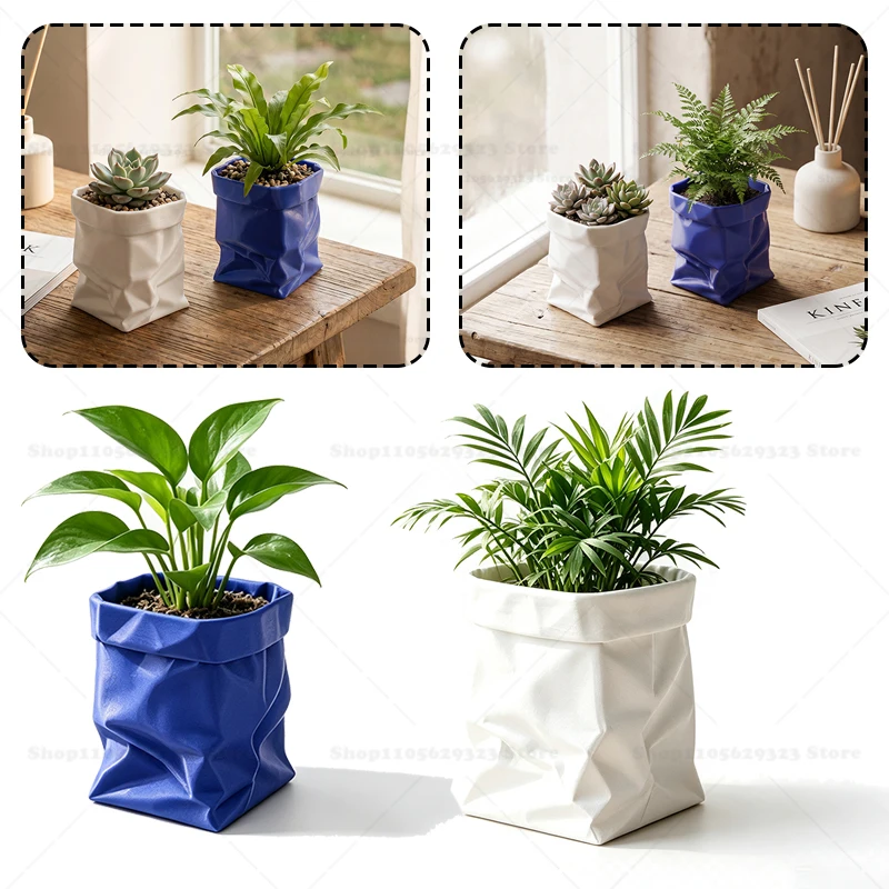 Simulation Paper Bag Planter 3D Printed, Wrinkle Fold Flower Pot, Aesthetic Indoor Succulent Desktop Home Garden Decor