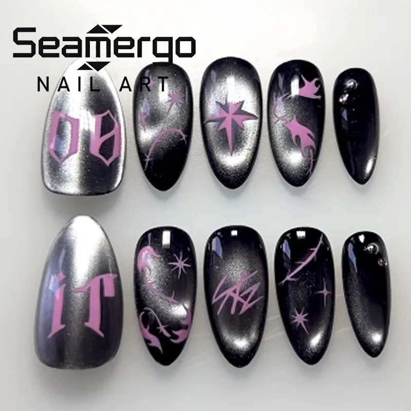 

24PCS Spice Girls False Nails Trendy Black Cat Eye Shiny Almond Press on Nails Pink Star Patterns Fake Nails Wearable Manicure