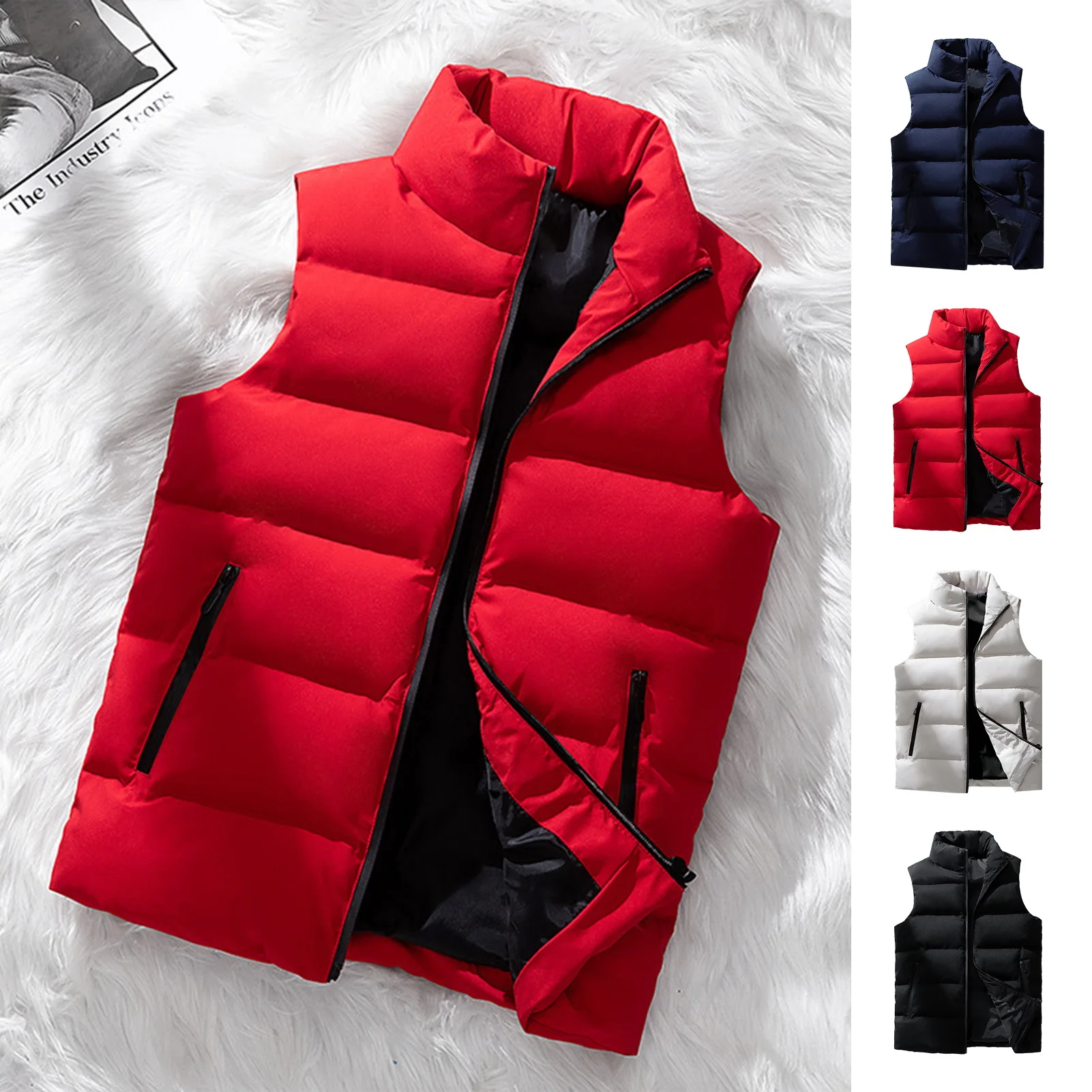 Men Winter Vest Men\'s Winter Windproof Padded Vest with Stand Collar Zipper Closure Stylish Neck Waistcoat for Warmth