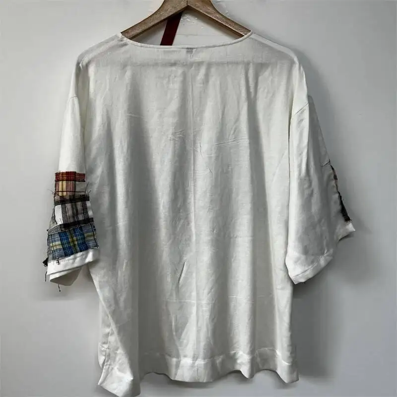 Crew Neck Multi Plaid Raw Edge Patchwork Tee Men Asymmetric Hem Niche Vintage Grunge Street Short Sleeve Casual Top V5TG6