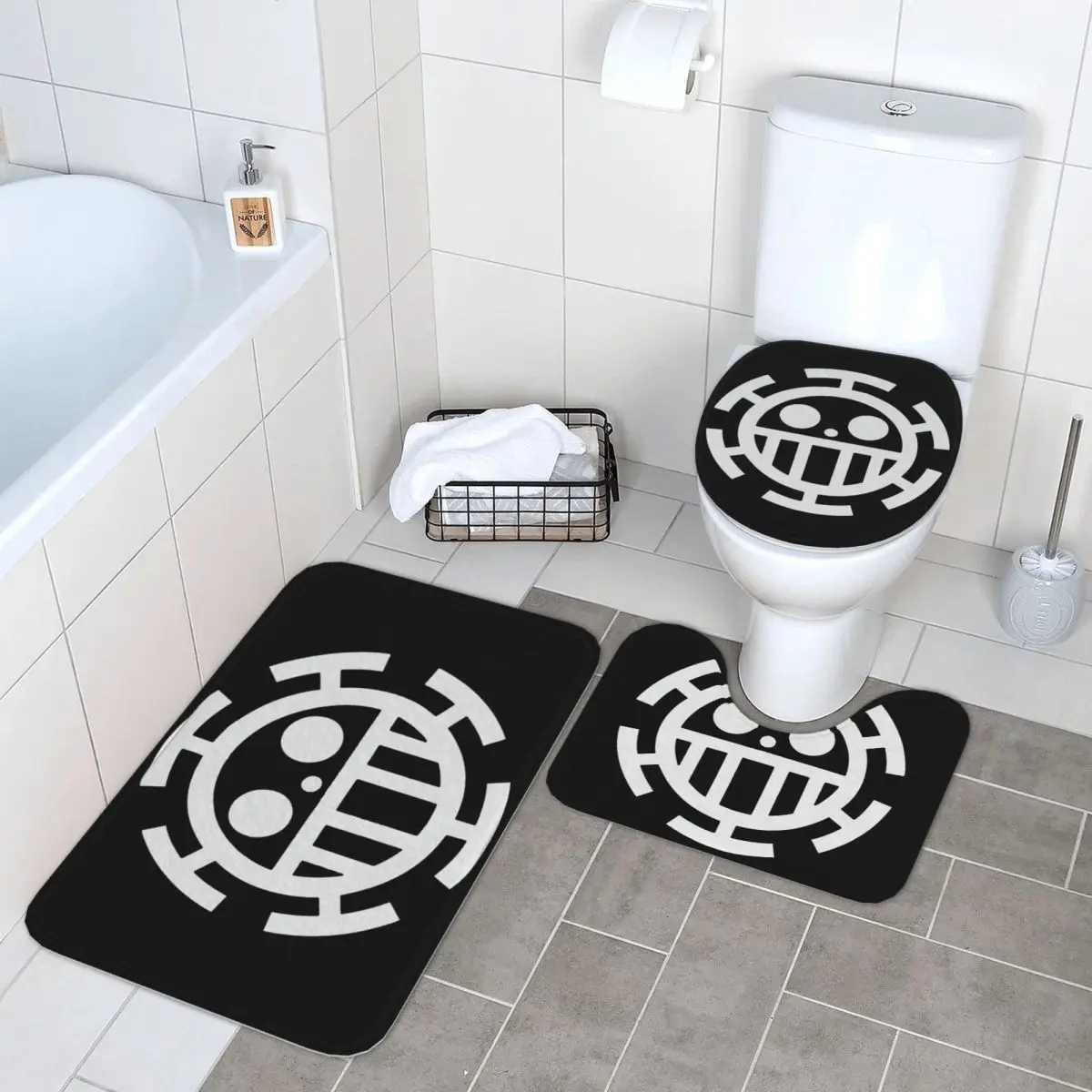 Custom One Pieces Skull Bathroom Rugs Sets Non-Slip Absorbent Trafalgar Law Anime Manga 3 Piece Bath Toilet Rugs Mats