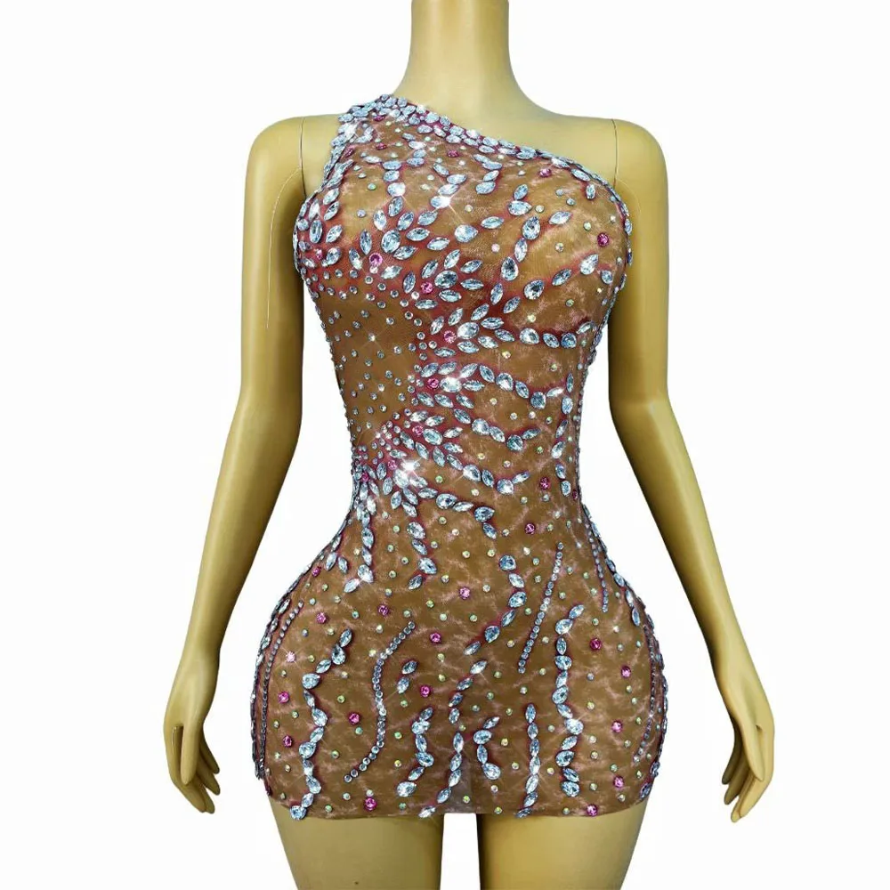 

Luxury Evening Flashing Rhinestones Trim fit One shoulder Short Dress Women's Elegant Cocktail Party Fashion Show Stage Wear