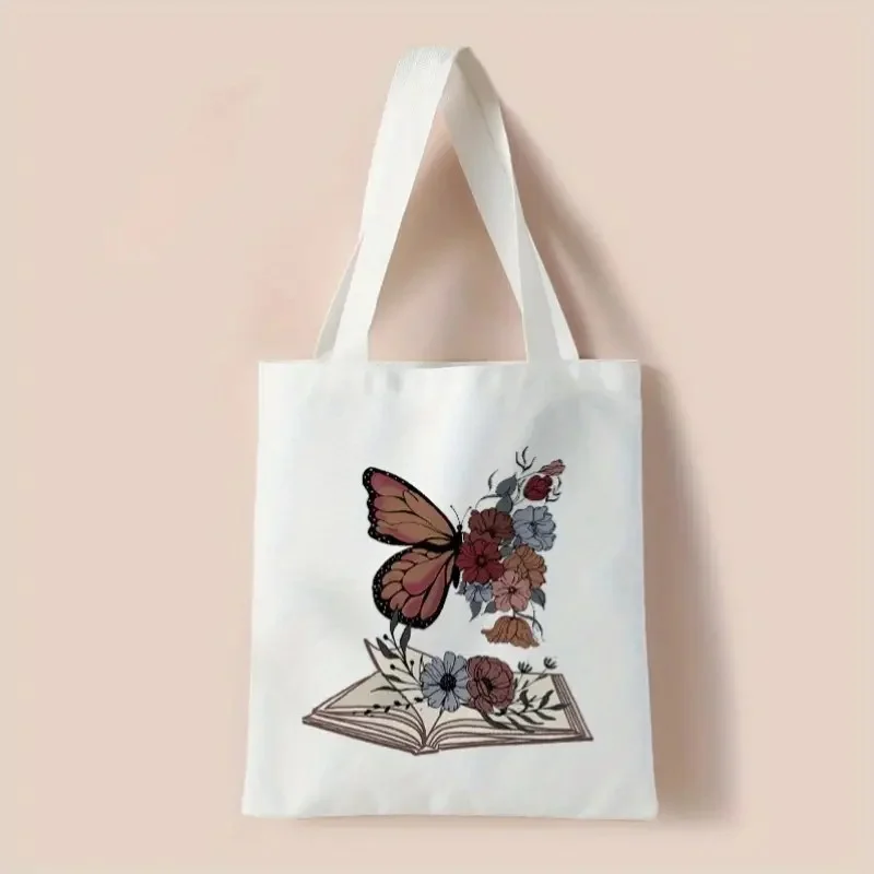 

Vintage Butterfly Open Book Floral Canvas Tote Bag Retro Wildflower Print Reusable Shoulder Bag For Women Book Lover