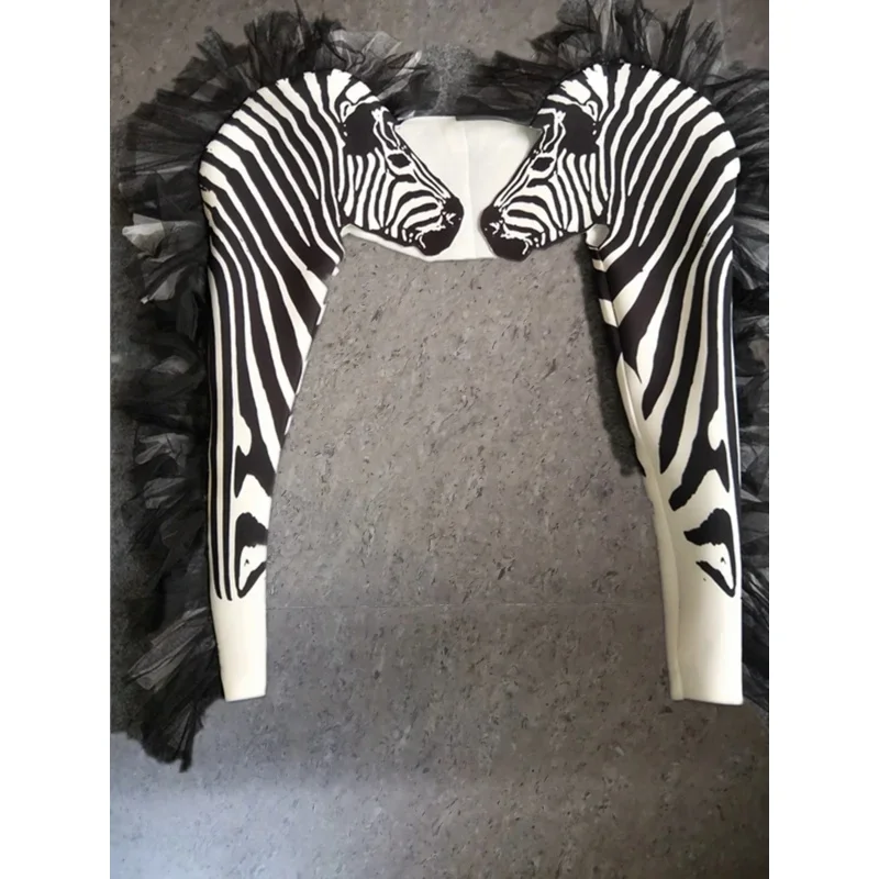 New Fashion Zebra Pattern Jumpsuit Women Singer Sexy Stage Outfit Bar DS Dance Cosplay Bodysuit Performance Show Costume E