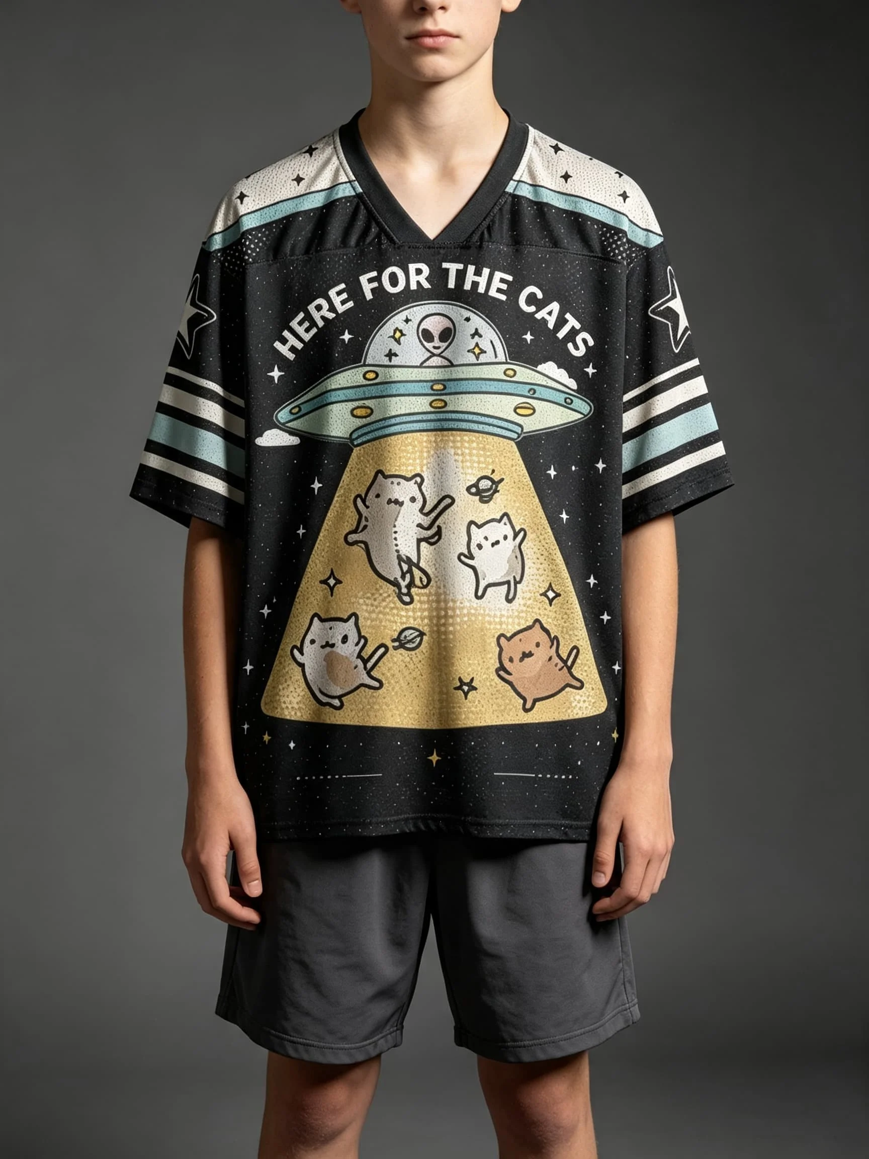 Cute UFO Alien Abduct Cats Top Men T Shirt Women Tee Boys Top V Neck Children Parent Child Quick Dry Short Sleeves Kids Tshirt
