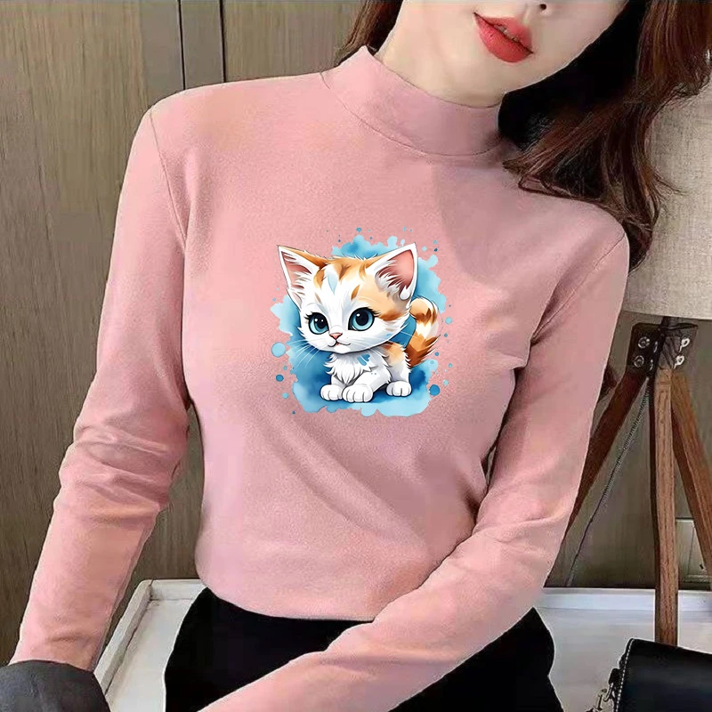 Winter Women's Thermal Brushed Fleece Half Mock Neck Long Sleeve T Shirt Cute Kitten Blue Splash Graphic Warm Tee