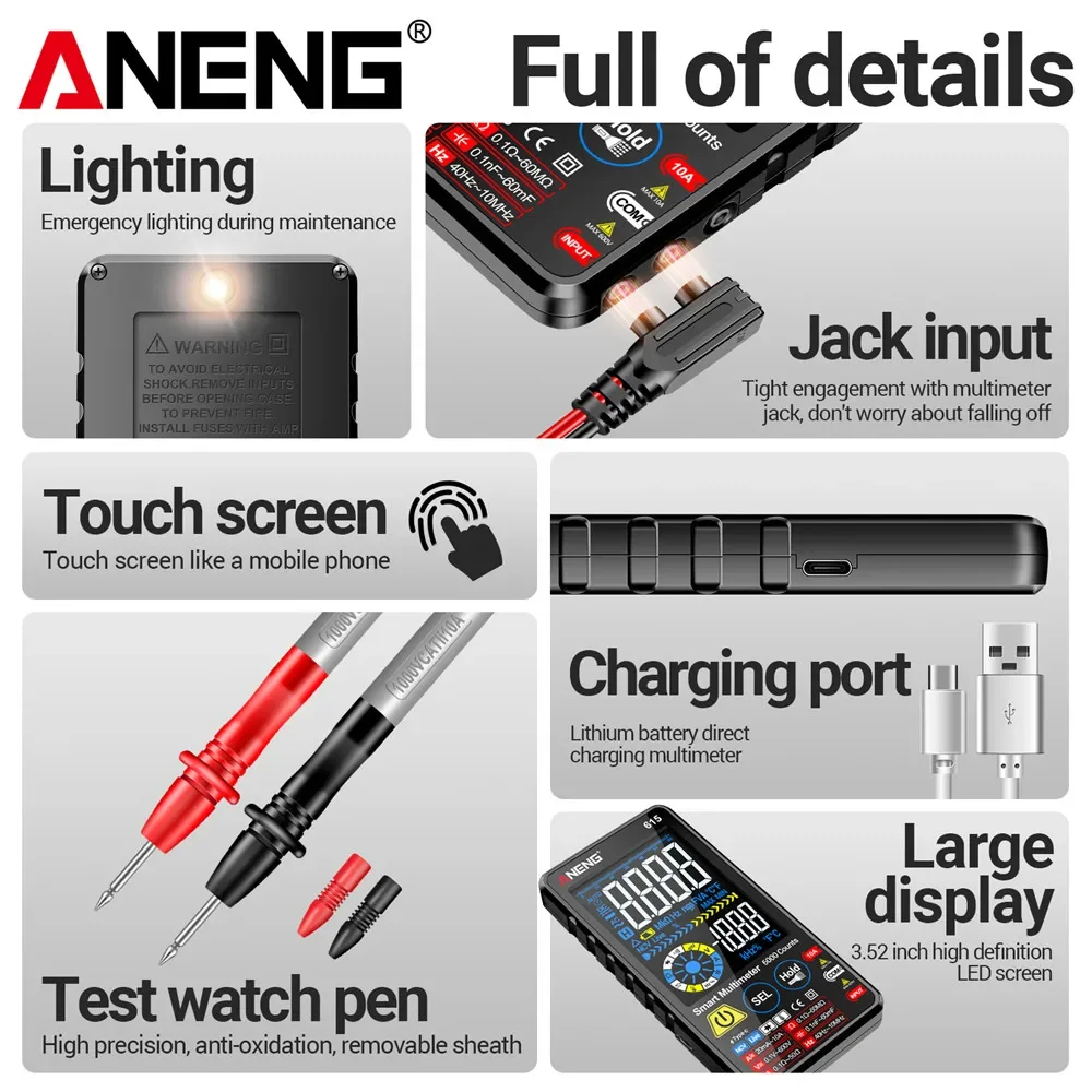 ANENG 615 Multimeter Smart Touch Multitester Diode Lithium Battery Charging Tester 6000 Counts AC/DC Voltage/Current Meters