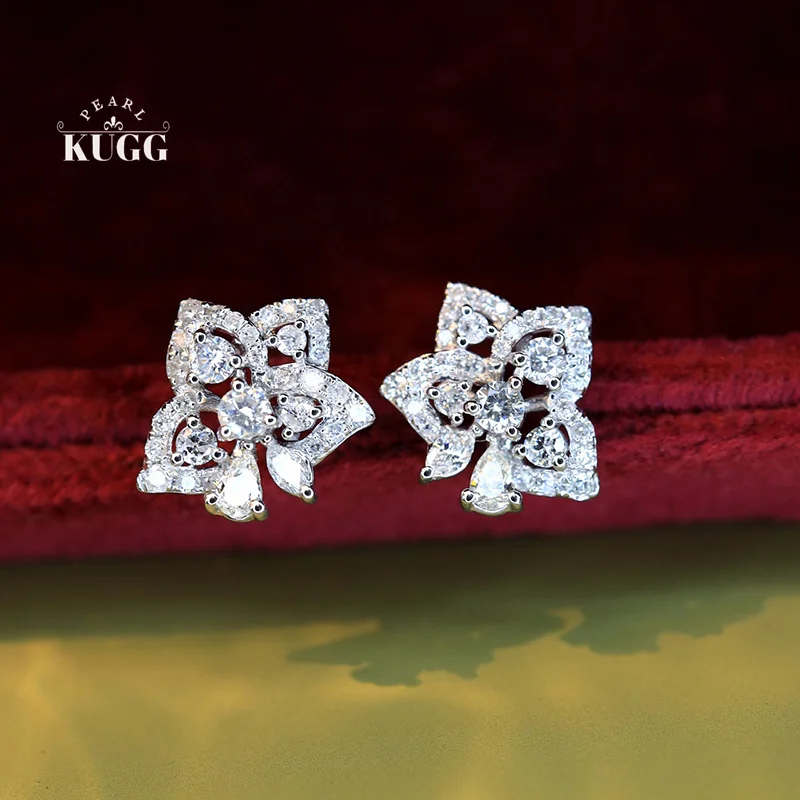 KUGG 100% 18K White Gold Earrings Elegant Style 0.70carat Real Natural Diamond Stud Earrings for Women High Wedding Jewelry