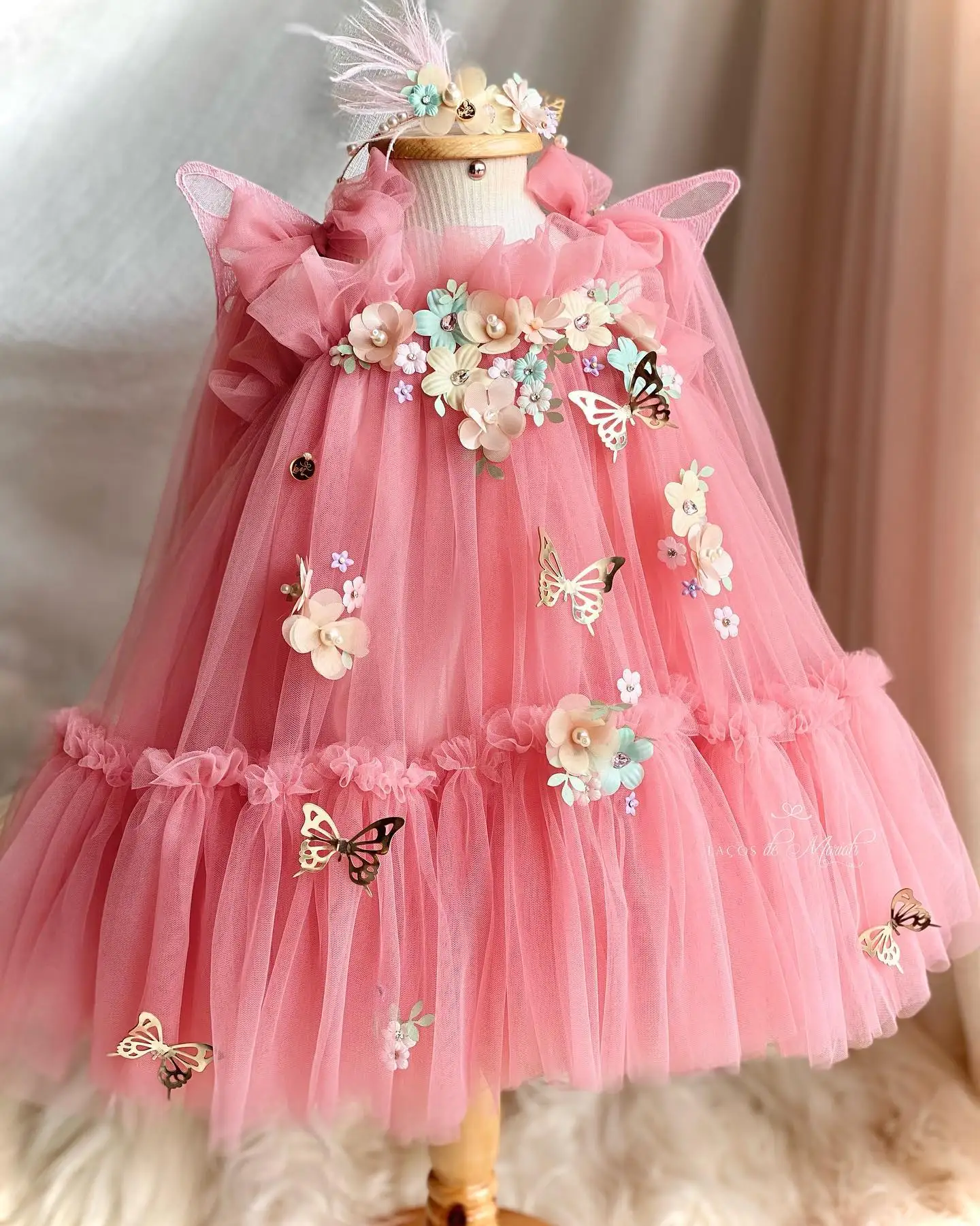 

Coral Tulle Flower Girls Dresses For Weddings Butterfly 3D Floral Birthday Children Tulle Dress Girl Pageant Gowns