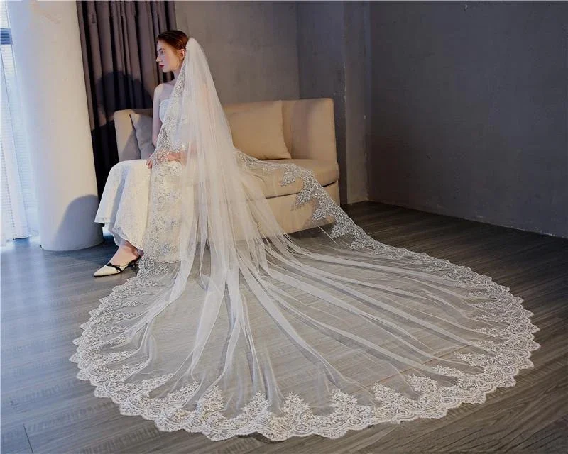 Voile de Mariage Doux et Long de 3m avec Bord en Dentelle Appliquée, une Couche, Rond, Longueur Cathédrale, avec Peigne, Tulle, pour Patients, Bon Marché