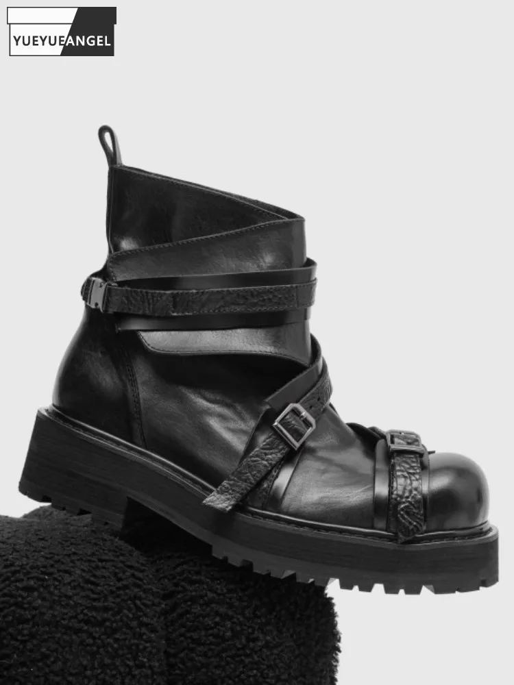 

Повседневные ботильоны из воловьей кожи с круглым носком и пряжкой на ремешке, однотонная мужская обувь из натуральной кожи на платформе, увеличивающая рост