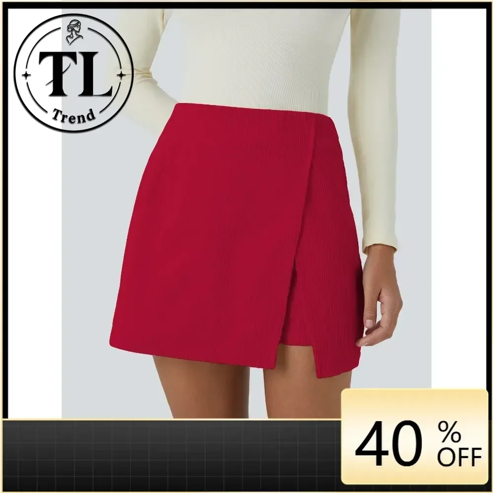 Women Vintage Corduroy Skort Fall Winter High Waist Fake Two Piece Side Split Mini Skirt Soft Breathable Flattering Comfy