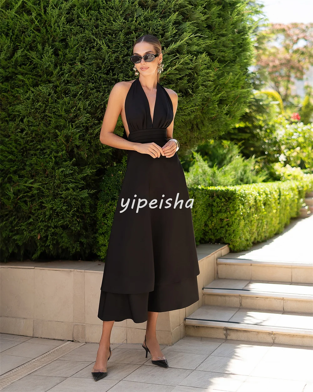 Customized High Quality Classic Jersey Ruched A-line Halter Tea Length Dresses Bespoke Occasion Dresses Modern Style Simple
