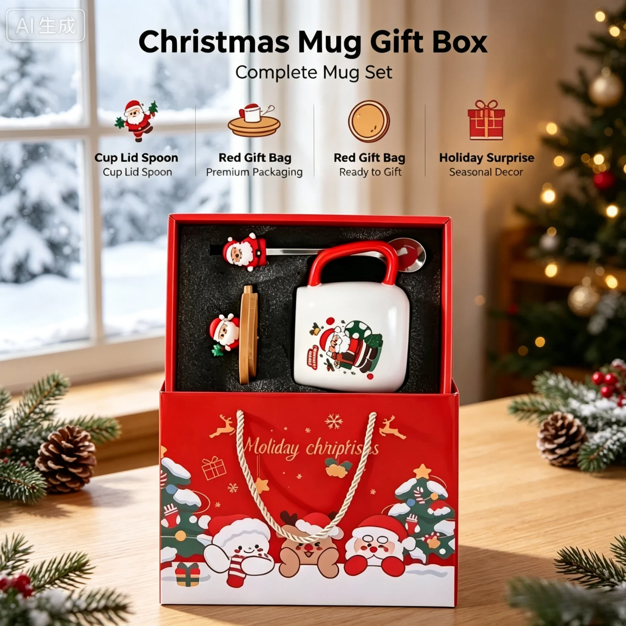 Ceramic Mug Gift Box Set with Lid & Spoon, Practical Coffee Tea Cup, Ideal Christmas Holiday Present for Family Friends