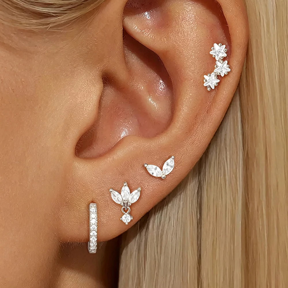 4PCS Leaves Zircon Hoop Earrings Set For Women Exquisite Stainless Steel Star Ear Stud Fashion Hypoallergenic Daily Wear Jewelry