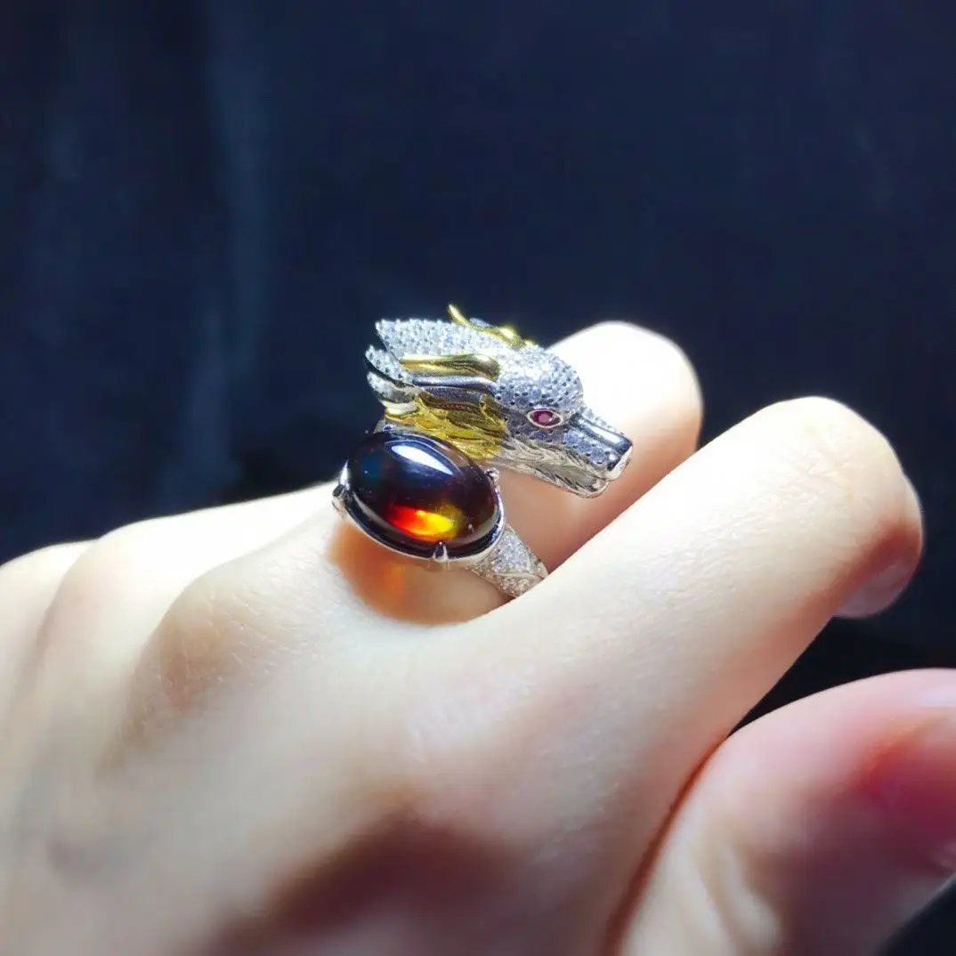 Certificate 925 Silver Bold Chinese Dragon Natural Red Blue Amber Statement Ring With Red Zircon Eye Chunky Band Jewelry For Men