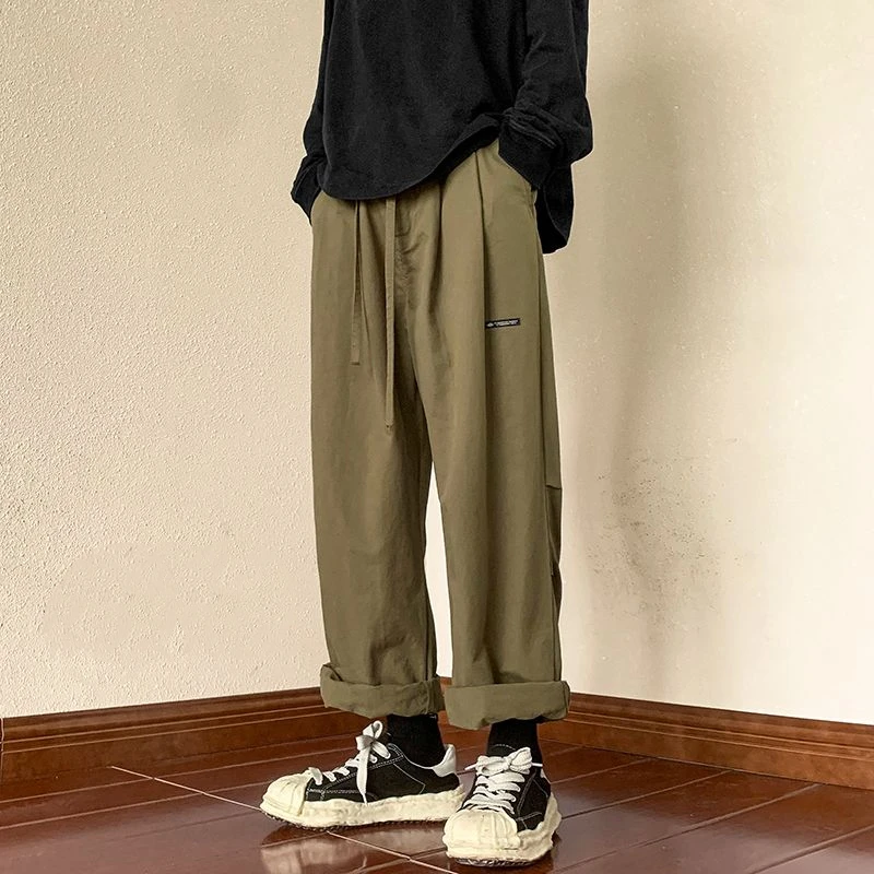 Spring Autumn Solid Color Fashion Elastic Waist Straight Pants Man High Street Casual Loose Pockets Lacing Patchwork Trousers