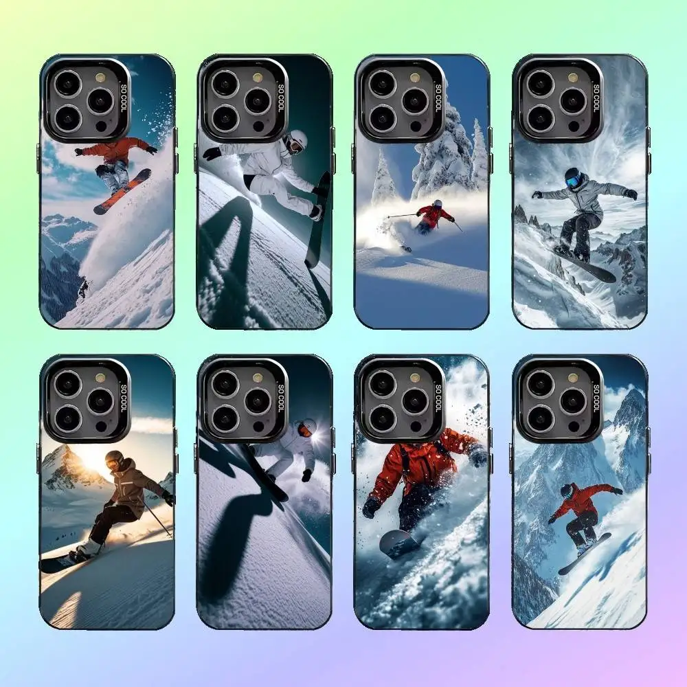 

Skiing Snow Snowboard Ski Phone Case For iPhone17,16,15,14,13,12,11 Lens Border Silver Plated Cover Candy Matte Cover