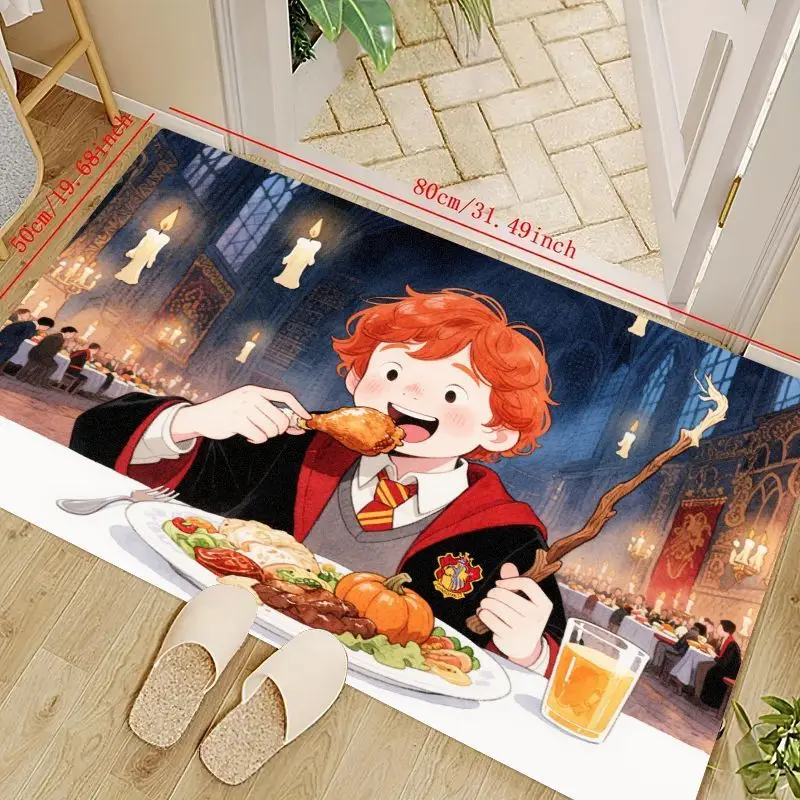 

1PC Cute Anime Style Red-Haired Wizard Boy Magical Feast Floor Mat, Fantasy Magic School Dining Hall Scene Area Rug, Non-Slip Wa