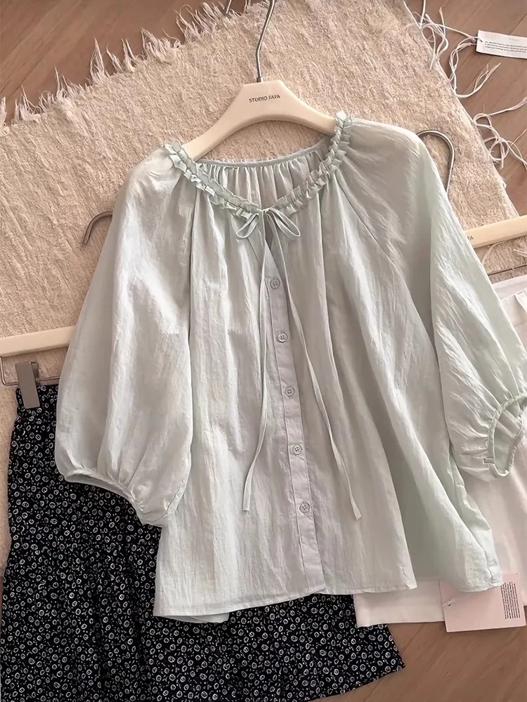 Korean Sle Fre Light een Bow Tie irt Women's Summer Unique Seven Sve Gentle round Ne Top Soft Fabric Pure Color