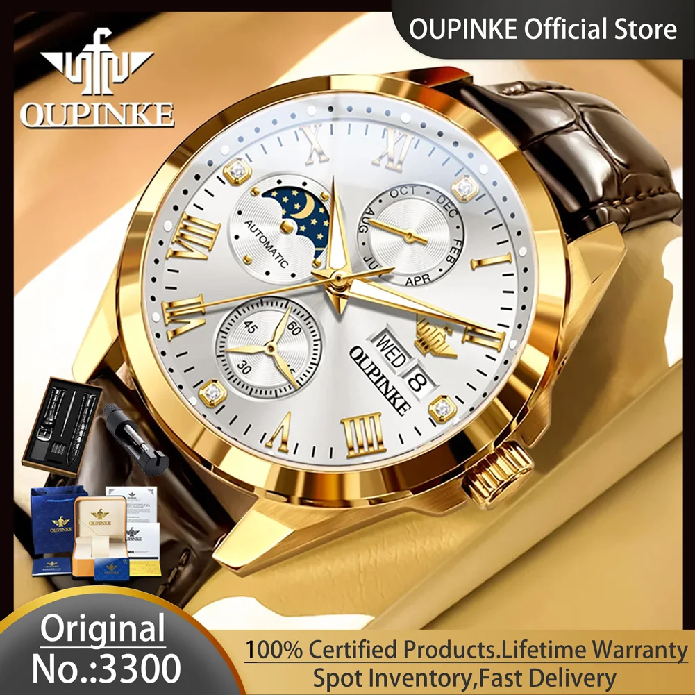 OUPINKE 3300 Brand Exclusive New Men\'s Watches High End Luxury Leather Strap Chronograph Moon Phase Date Multifunction Man Watch