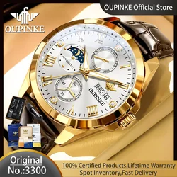 OUPINKE 3300 Brand Exclusive New Men's Watches High End Luxury Leather Strap Chronograph Moon Phase Date Multifunction Man Watch