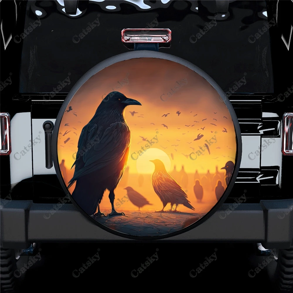 Ominous Raven Perched on Branch Pattern Polyester Universal Spare Wheel Tire Cover Wheel Covers for Trailer RV SUV Truck Camper