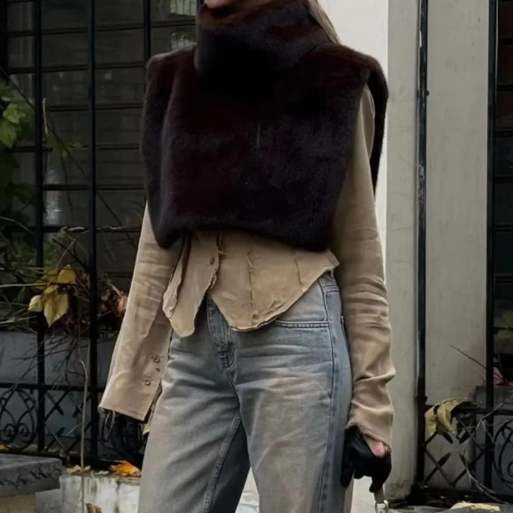 New Eco Mink Fur Turtleneck Tank Tops High Collar Fluffy Fashion Top Layering Piece Thicken Faux Fur Vest Autumn Winter