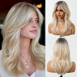 Ombre Platinum Blonde Synthetic Wig with Bangs Medium Length Layered Wigs for Women Natural Cosplay Party Hair Heat Resistant