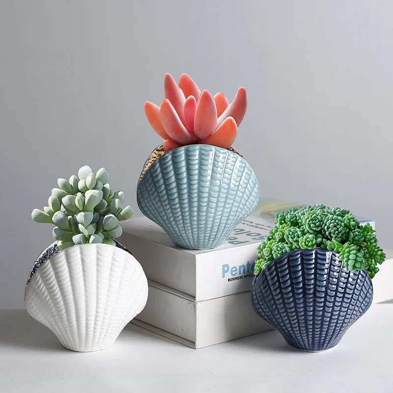 Handmade Creative Ocean Seashell Ceramic Flower Pot Succulent Planter Mini Cactus Bonsai Desktop Tabletop Home Office Decor Gift
